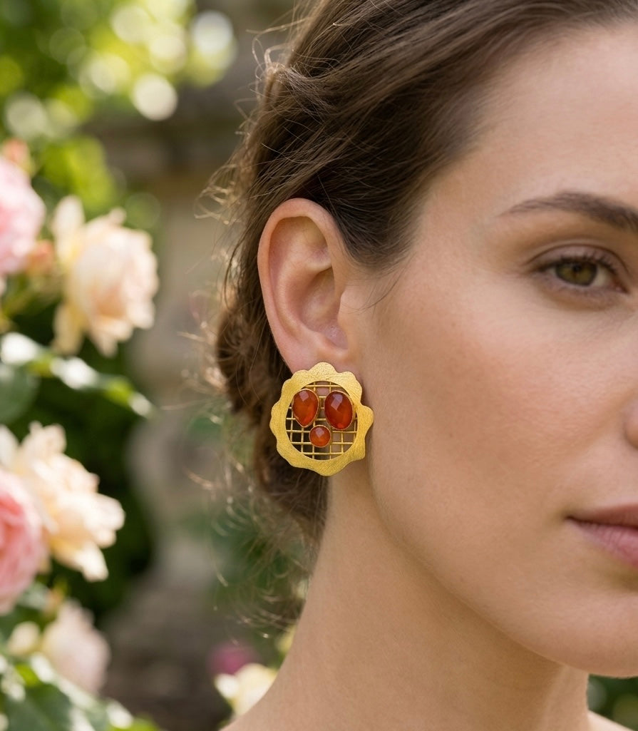 Amber Mosaic Studs – Gold-Plated Carnelian Statement Earrings