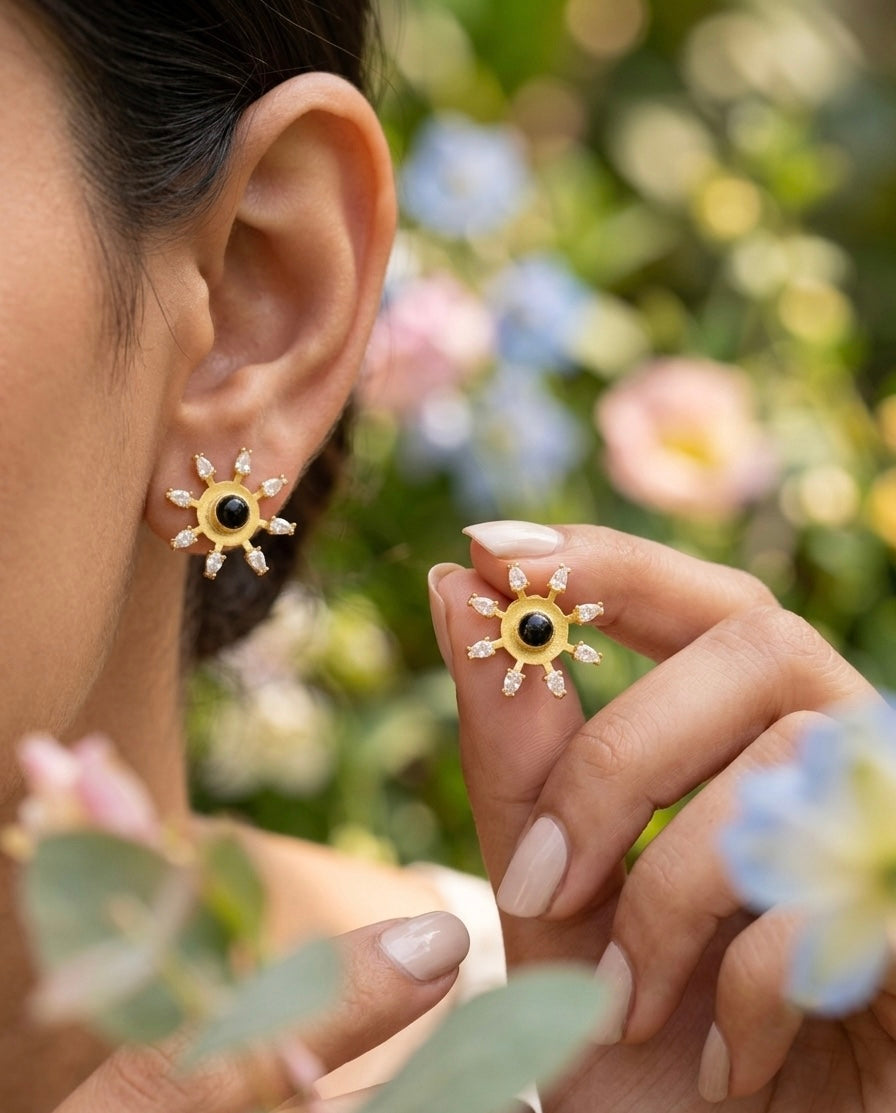 Sunburst Studs – Gold-Plated Crystal Black Onyx Stone Earrings
