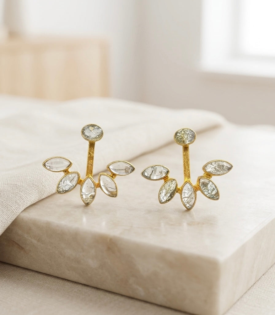 Ivory Vine Ear Climbers – Gold-Plated Crystal Leaf Earrings