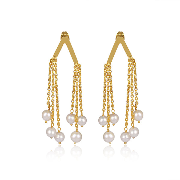an elegant delight  golden pearl tassel earrings.