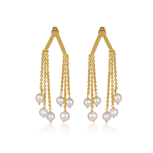 an elegant delight  golden pearl tassel earrings.