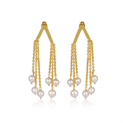 an elegant delight  golden pearl tassel earrings.