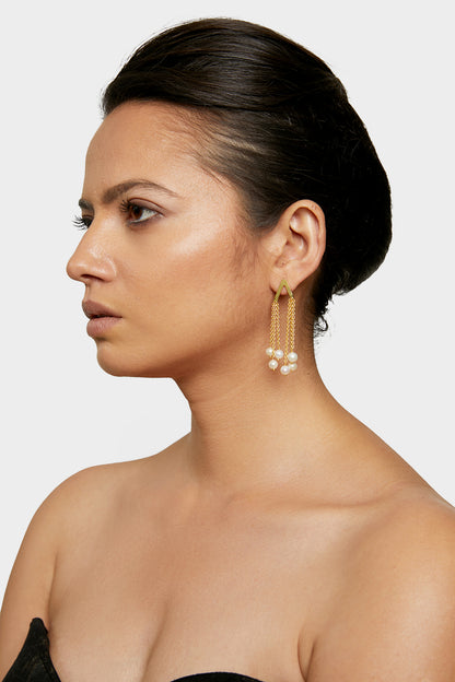 an elegant delight  golden pearl tassel earrings.