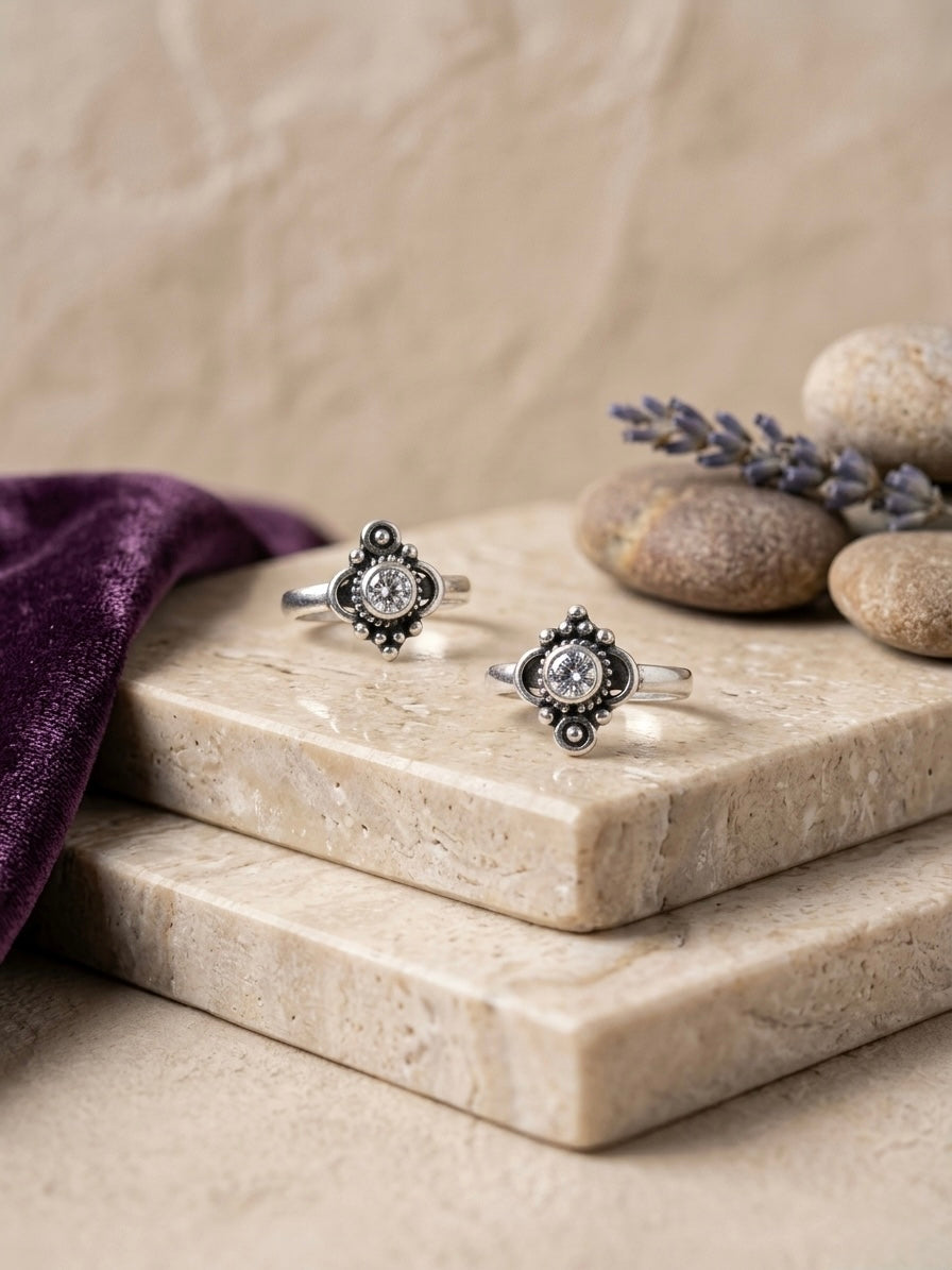 floral sterling silver cz toe ring