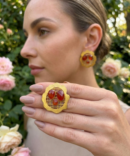 Amber Mosaic Studs – Gold-Plated Carnelian Statement Earrings