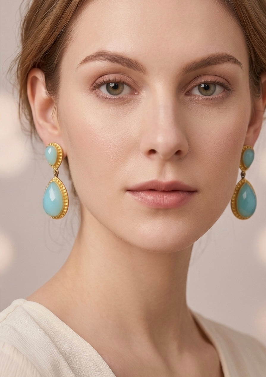 Aqua Muse Drops – Gold-Plated Aqua Stone Statement Earrings