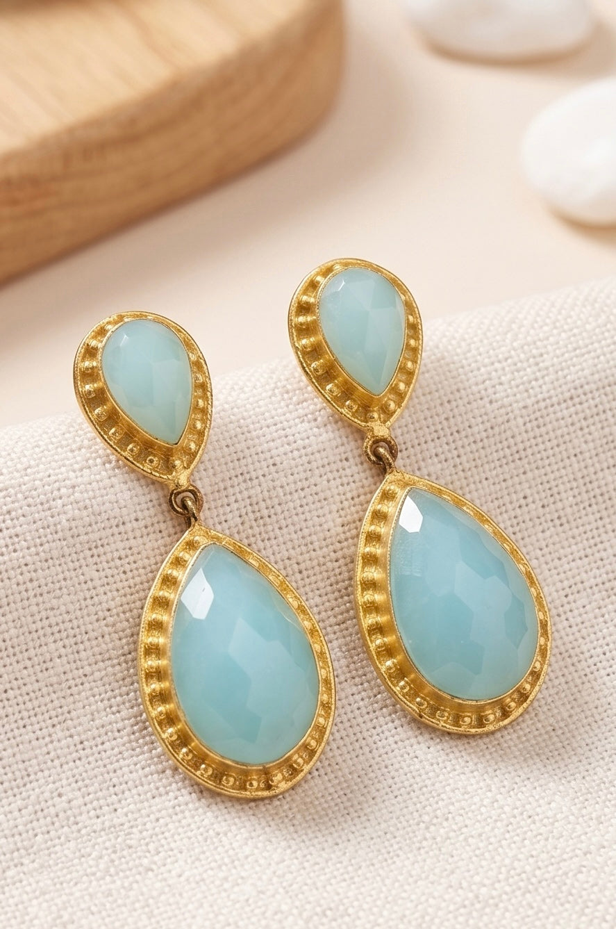 Aqua Muse Drops – Gold-Plated Aqua Stone Statement Earrings
