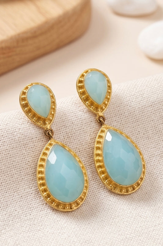 Aqua Muse Drops – Gold-Plated Aqua Stone Statement Earrings