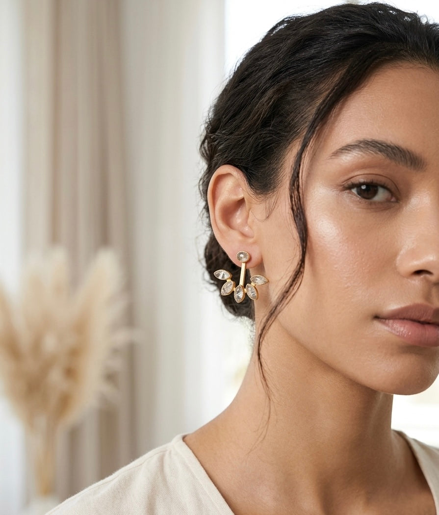 Ivory Vine Ear Climbers – Gold-Plated Crystal Leaf Earrings