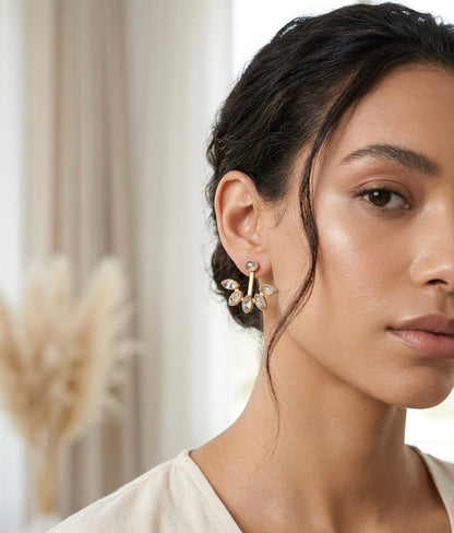 Ivory Vine Ear Climbers – Gold-Plated Crystal Leaf Earrings